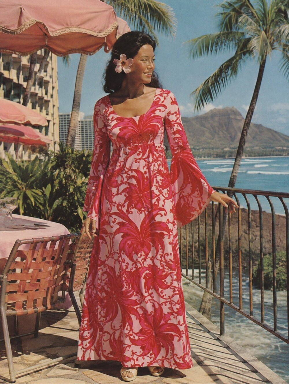 Vintage 60s Hawaii Nei Honolulu Psychedelic Bell Sleeve Maxi Dress Pink Sz 10 - Picture 12 of 12